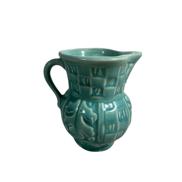 Old Aqua Green Pottery Pitcher w Handle 4.5” Oak Leaf Checked Vintage Excellent - Picture 4 of 12